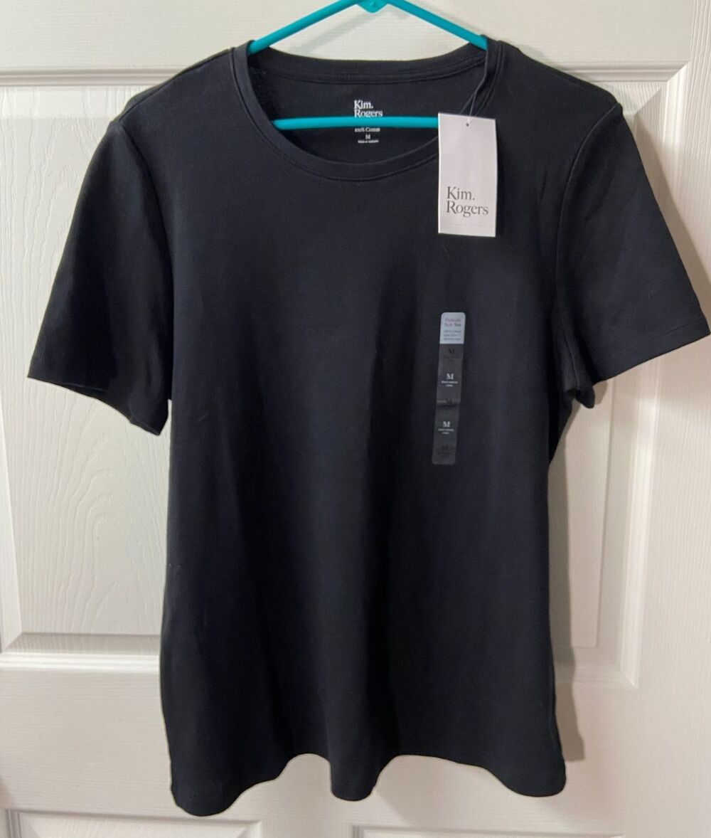 NWT Kim Rogers Perfectly Soft V Neck Black Cotton T Shirt Womens Medium